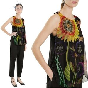 Desigual $150 Mesh Floral Sunflower Sleeveless Top 0013